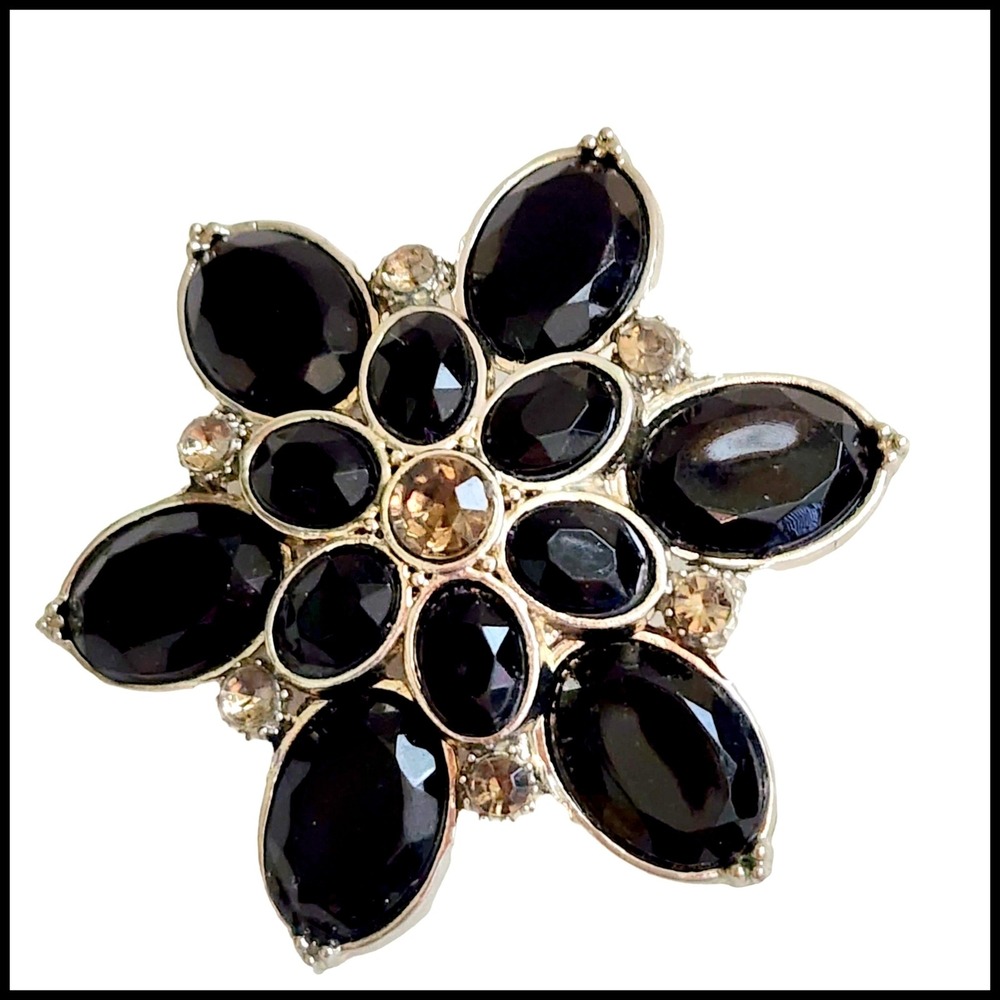 Vintage Flower Shaped Silver Tone Pin Brooch Black Clear Rhinestone Glass